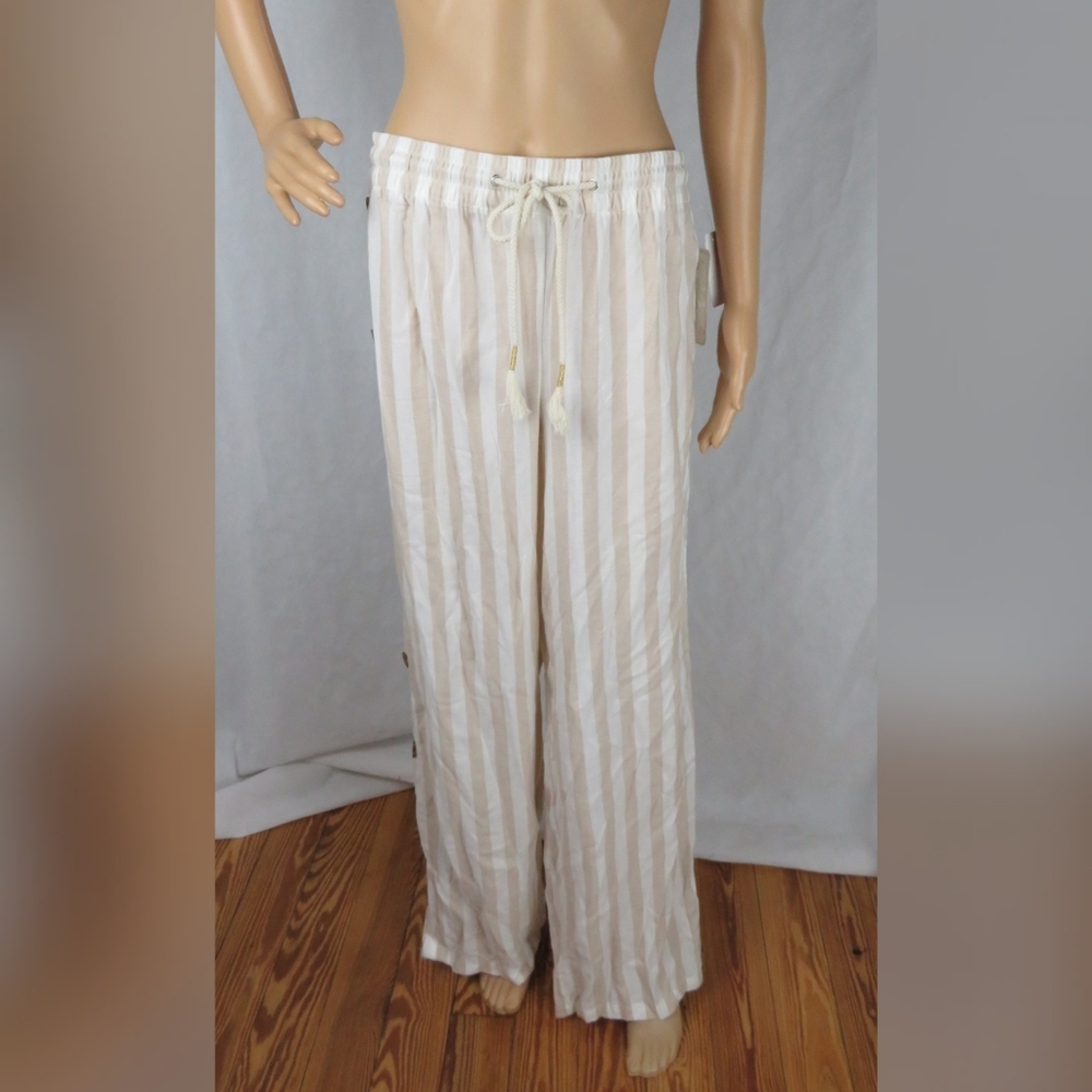 French Laundry Stripe Pants Casual Large Tan Summer Spring Modern Cute NWT